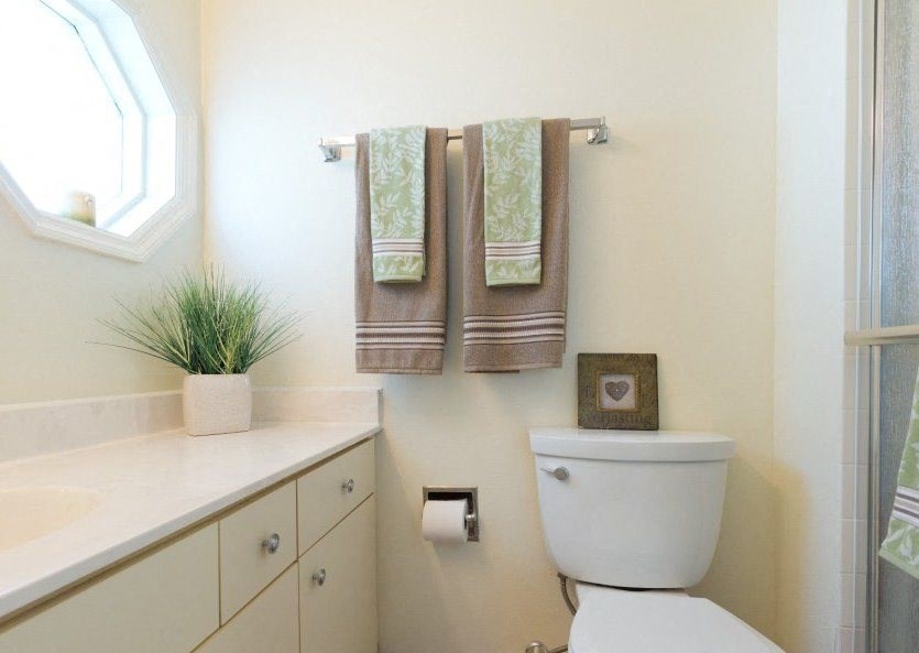 A white toilet sits next to a sink in a bathroom.