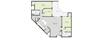 A floor plan of a house with a study, two bedrooms, a bath, a laundry, a great room, and a balcony.