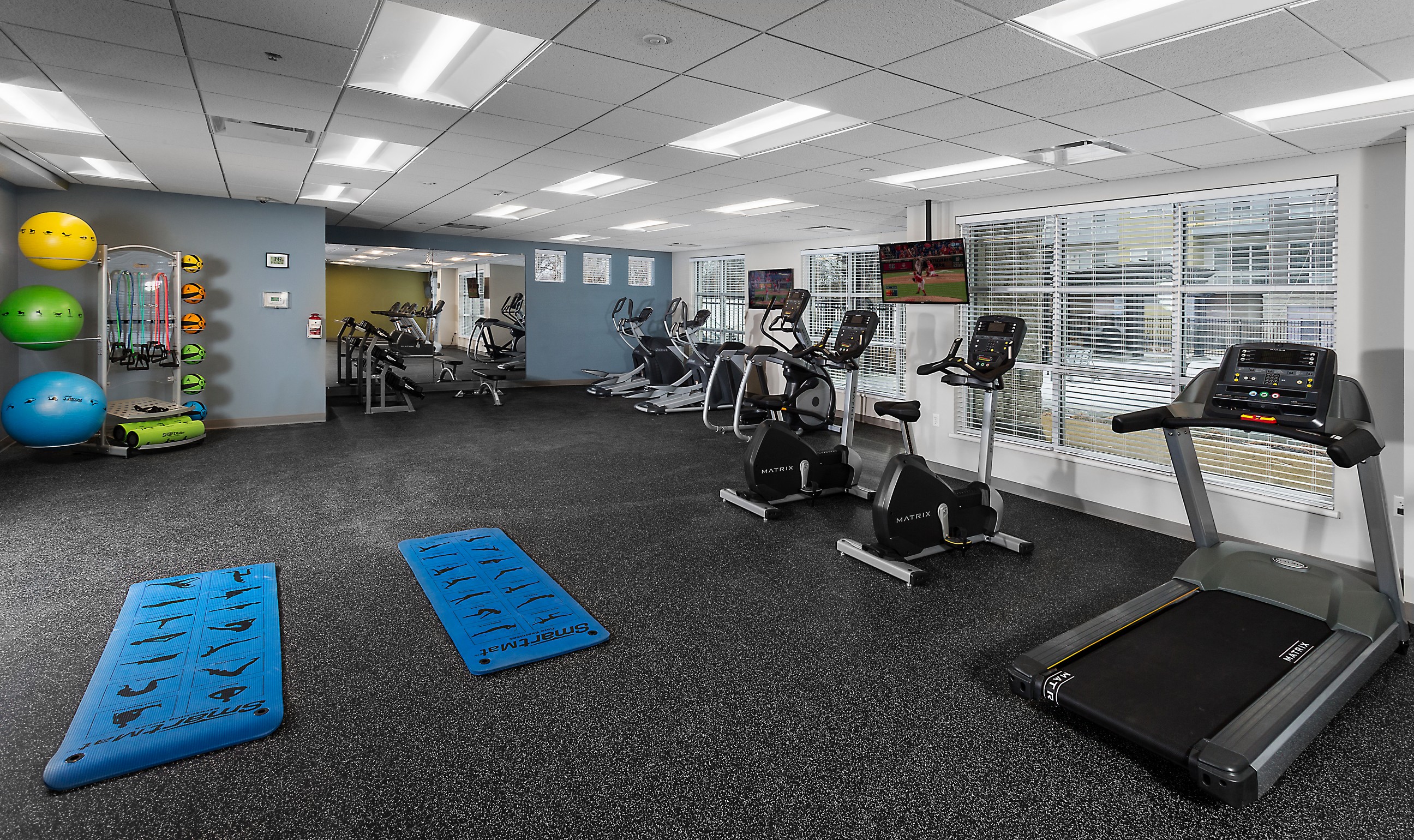 a gym with yoga mats, cable machine, ellipticals, benches, and dumbbells