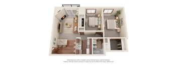 A 3D floor plan of a house with a living room, kitchen, dining room, and bedrooms.