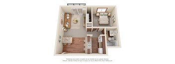 A 3D floor plan of a small apartment with a kitchen, living room, and bedroom.