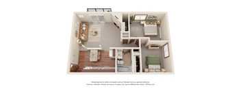A 3D floor plan of a small apartment with a kitchen, living room, and bathroom.