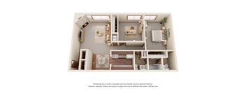 A 3D floor plan of a house with a kitchen, living room, and bathroom.