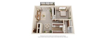 A 3D floor plan of a small apartment with a kitchen, living room, and bedroom.