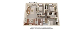 A 3D floor plan of a house with a living room, kitchen, and two bedrooms.
