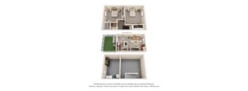 A 3D floor plan of a house with three bedrooms, a living room, a kitchen, and a bathroom.