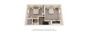 A 3D image of a small room with two beds and a desk.