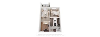 A 3D floor plan of a small apartment with a kitchen, living room, and bathroom.