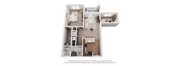 A 3D floor plan of a house with a kitchen, living room, and two bedrooms.