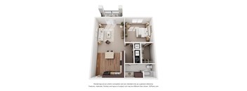 A 3D floor plan of a small apartment with a kitchen, living room, and bathroom.