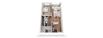 A 3D floor plan of a small apartment with a kitchen, living room, and bathroom.