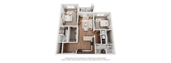 A 3D floor plan of a house with labeled rooms.