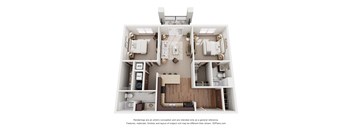 A 3D floor plan of a house with a kitchen, living room, dining room, and two bedrooms.
