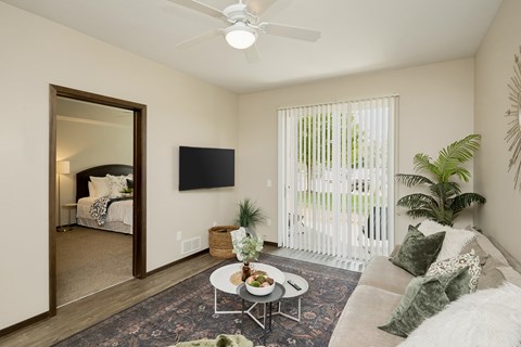 A living room with a white couch, a rug, a coffee table, a flat screen TV, and a plant.