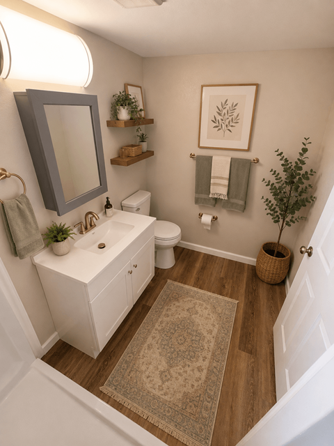 Modern bathroom with wooden flooring and greenery at Southside Apartments, Jacksonville, FL