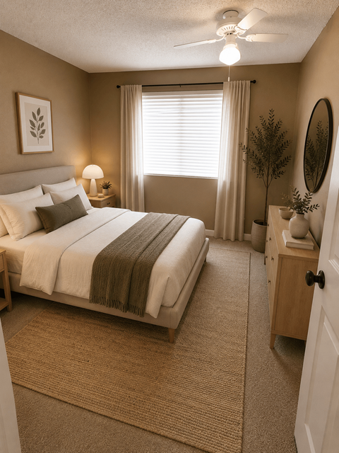 A bedroom with a bed, nightstand, and a plant.