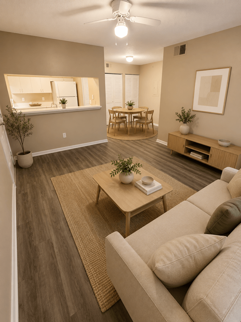 A living room with a couch, a table, and a potted plant.