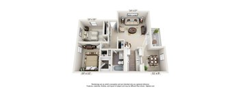 A 3D floor plan of a house with a living room, kitchen, dining room, and bedrooms.