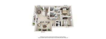 A 3D floor plan of a two-bedroom apartment with a living room, kitchen, and bathroom.