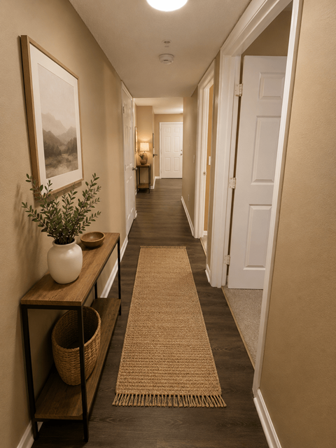 A hallway with a rug on the floor and a plant on a shelf.