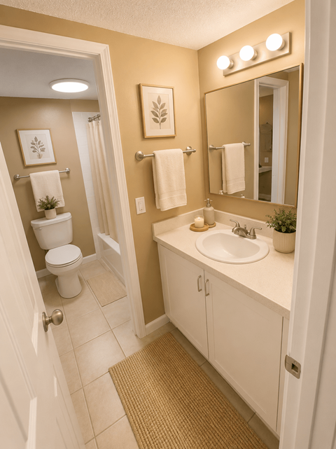 A bathroom with a toilet, sink, and mirror.