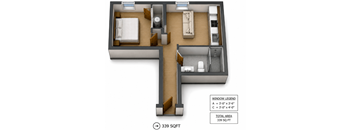 3D floor plan of one bedroom apartment layout at Southside Apartments, Jacksonville, FL