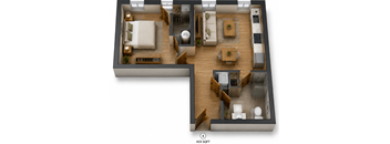 3D floor plan of one bedroom apartment layout at Southside Apartments, Jacksonville, Florida