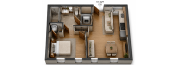 3D floor plan of one bedroom apartment layout at Southside Apartments, Jacksonville