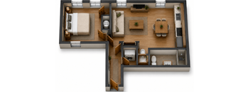 3D floor plan with one bedroom layout at Southside Apartments, Florida