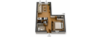 3D floor plan of 425 square foot studio apartment at Southside Apartments, Florida, 32216