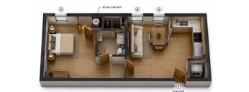 3D floor plan of studio apartment layout at Southside Apartments, Jacksonville, 32216