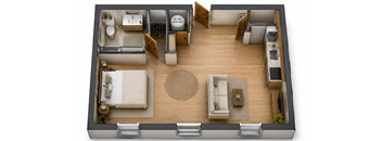 3D studio apartment layout floor plan at Southside Apartments, Jacksonville, Florida