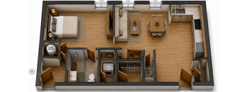 3D floor plan of open concept apartment at Southside Apartments, Jacksonville