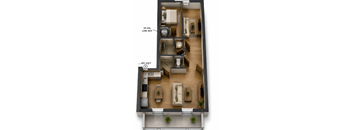 3D floor plan of compact one bedroom unit at Southside Apartments, Florida, 32216