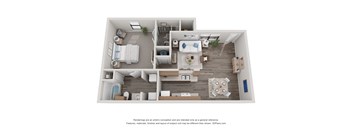 a stylized 3d floor plan with a bedroom and living room at Chapel Ridge of Stillwater, Stillwater, Oklahoma
