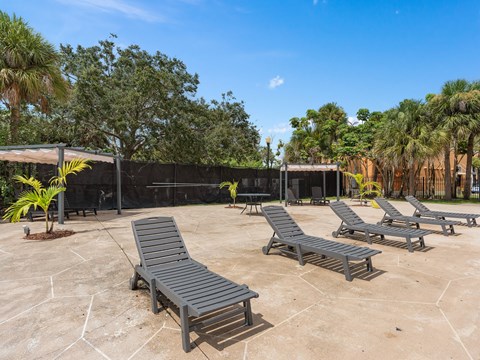 a group of lounge chairs on a patio with trees at Cypress Grove, Lauderhill