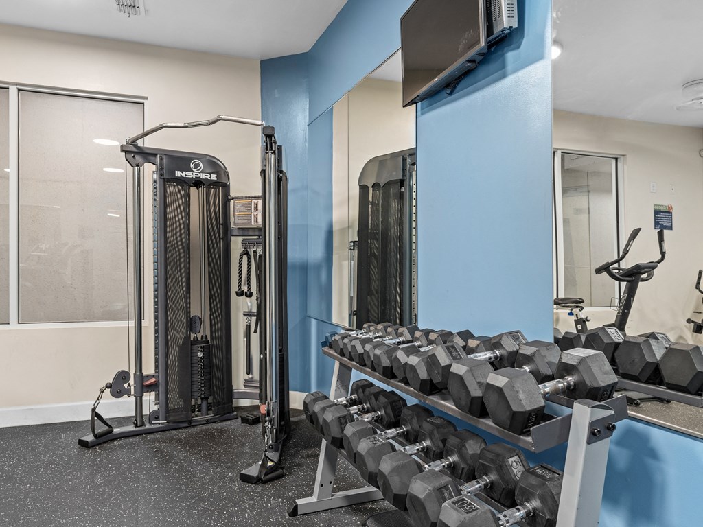 a gym with weights and a tv in the corner at Lake Lofts at Deerwood, Jacksonville, FL, 32216