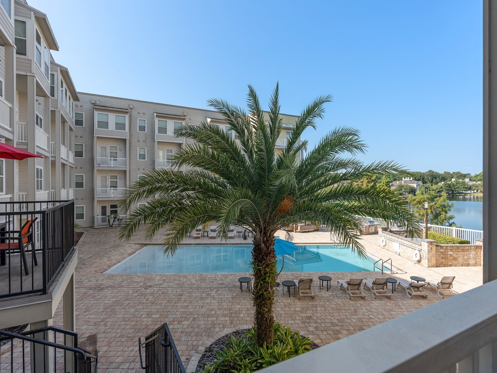 a view of a pool and a palm tree in front of an apartment building at Lake Lofts at Deerwood, Jacksonville, 32216