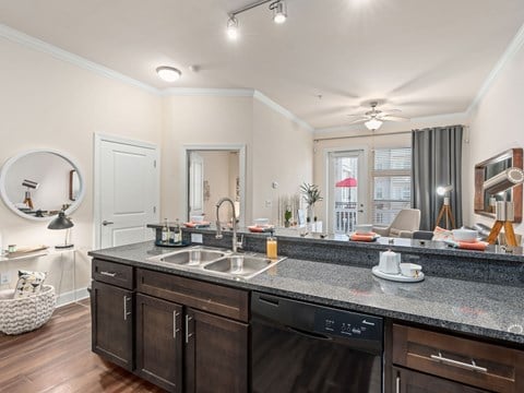 a kitchen with a sink and a counter top and a living room