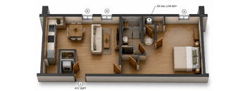 A 3D layout of a house with a living room, dining room, kitchen, and bathroom.