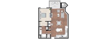 a floor plan of a 1 story apartment with a wood floor