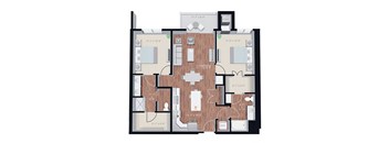 3d furnished floor plan of a 1 bedroom apartment