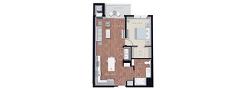 a floor plan of an apartment with a wood floor