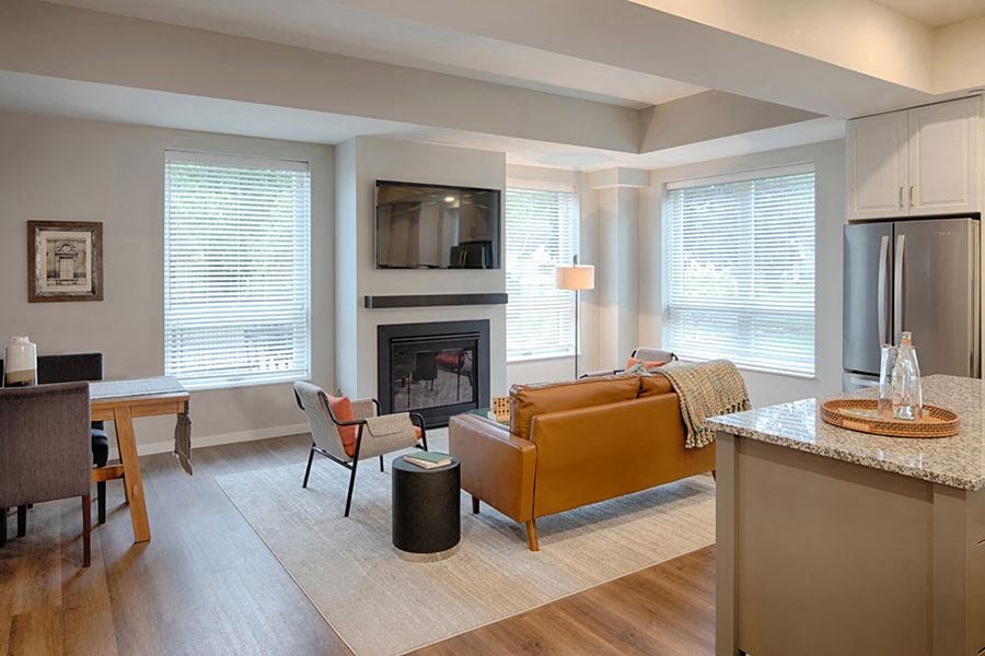 a living room filled with furniture and a fire place