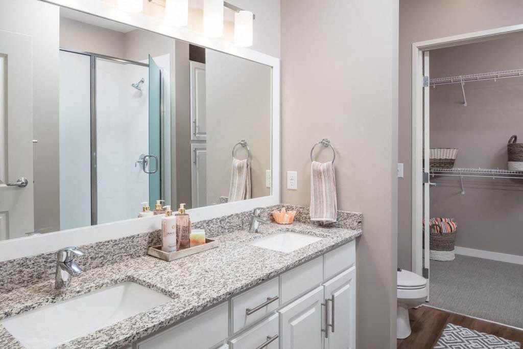 a bathroom with two sinks and a mirror