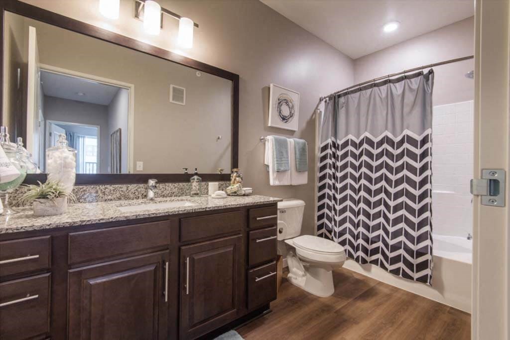 a bathroom with a shower toilet and sink