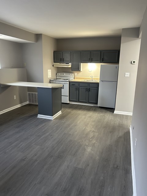 A kitchen with a refrigerator, oven, and sink.