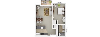 A floor plan of a small apartment with a kitchen, living room, and bathroom.