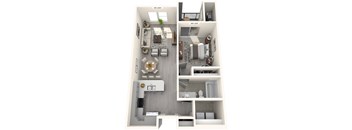A 3D floor plan of a small apartment with a kitchen, living room, and bathroom.