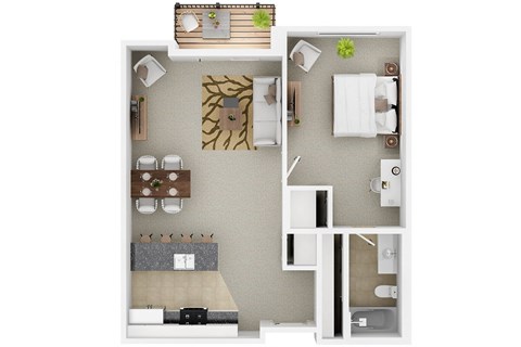Cresta North Valley Apartments in Albuquerque, NM 3D floor plan of a Cresta North Valley 1 bedroom 1 bathroom apartment in Albuquerque, NM